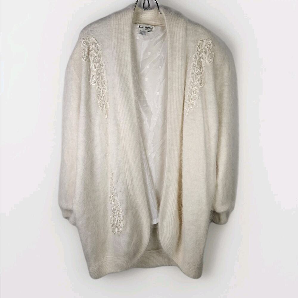 Vintage 80's Angora Rabbit Coat Floral Beaded Cardigan Large Soft Cottage Artsy